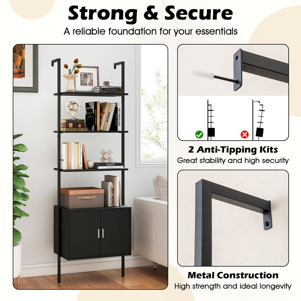 72.5-inch tall black bookshelf with metal frame, featuring open shelves and cabinet, ideal for living room or office.