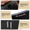 Close-up of the metal handle on a 72.5-inch tall black bookshelf with magnetic catches for secure door closure.
