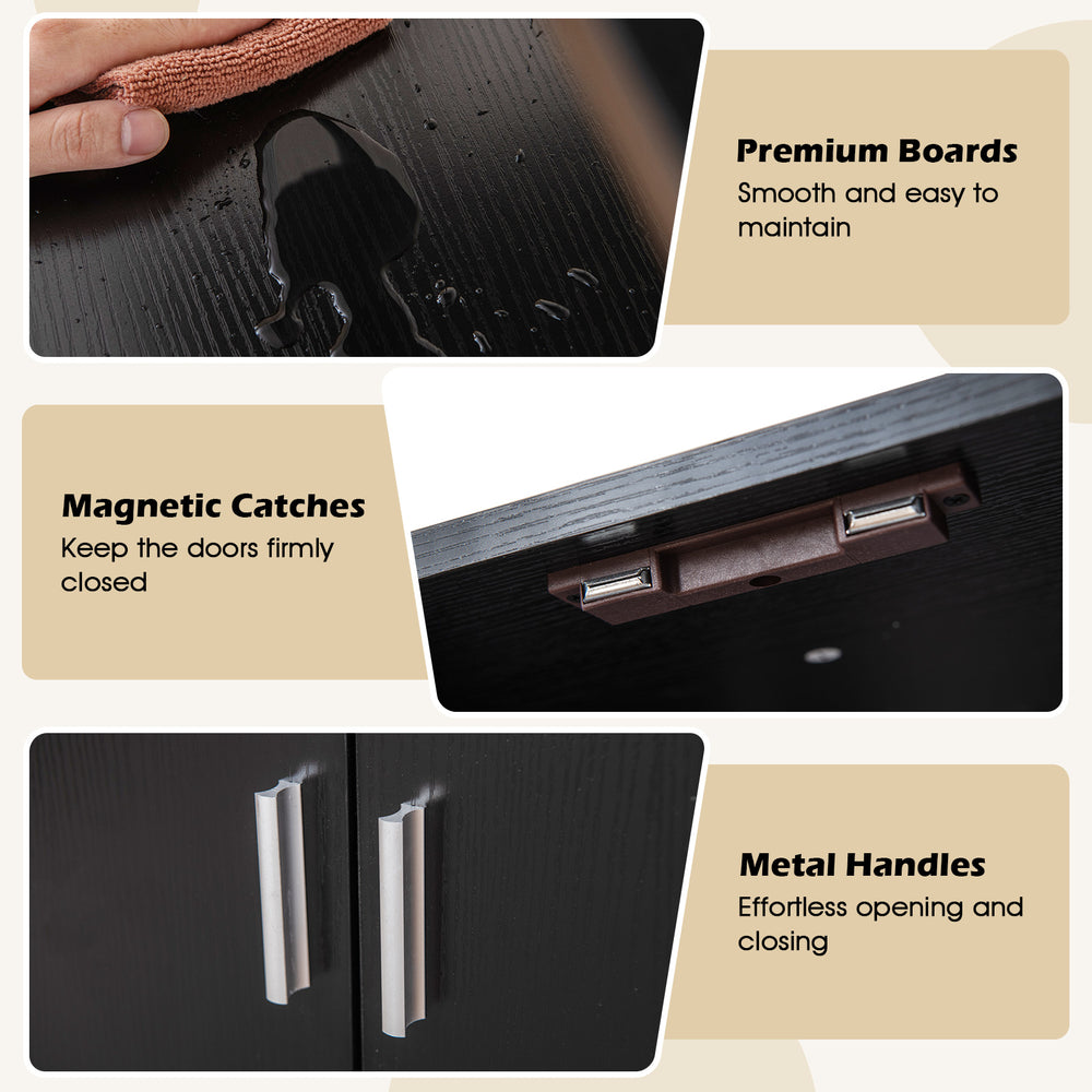 Close-up of the metal handle on a 72.5-inch tall black bookshelf with magnetic catches for secure door closure.