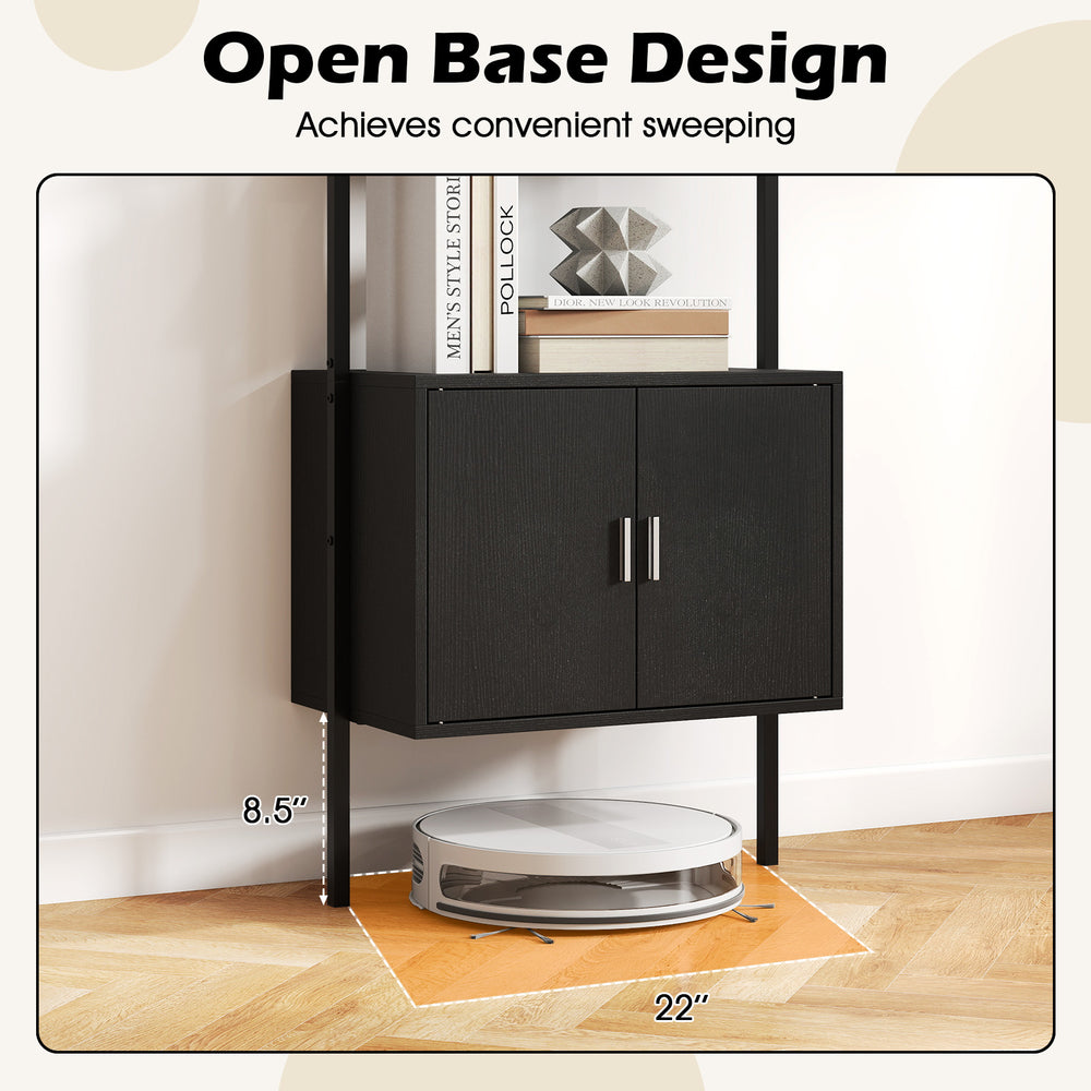 Open base design of the 72.5-inch tall black bookshelf with 22" clearance for easy sweeping and storage convenience.