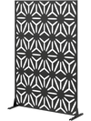 Freestanding 72"H x 48"W black fence panel with hollow-carved design, ideal for privacy in patio or backyard settings.