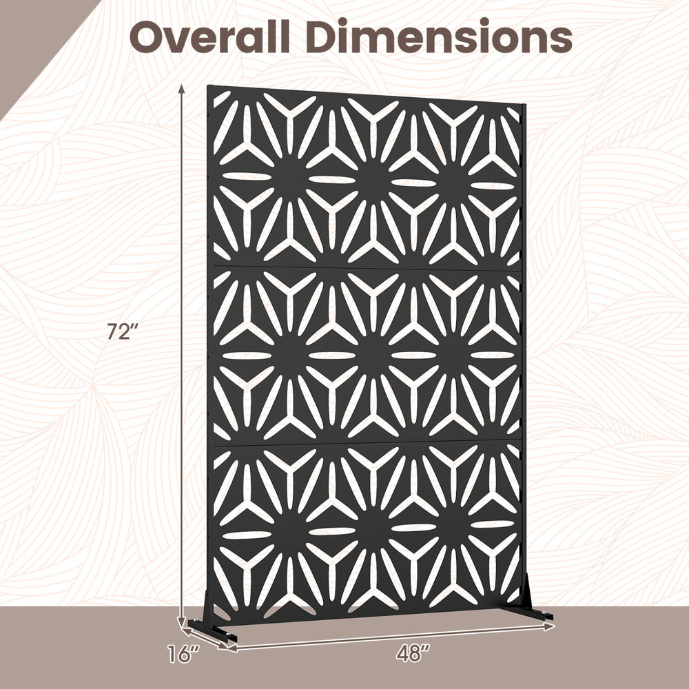 Freestanding 72"H x 48"W black fence panel with hollow-carved design, ideal for privacy in patios or backyards.