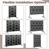 Freestanding black fence panel with stand, 72"H x 48"W, featuring a hollow-carved design for privacy and airflow.