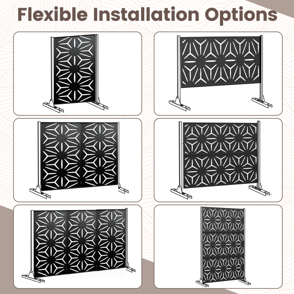 Freestanding black fence panel with stand, 72"H x 48"W, featuring a hollow-carved design for privacy and airflow.
