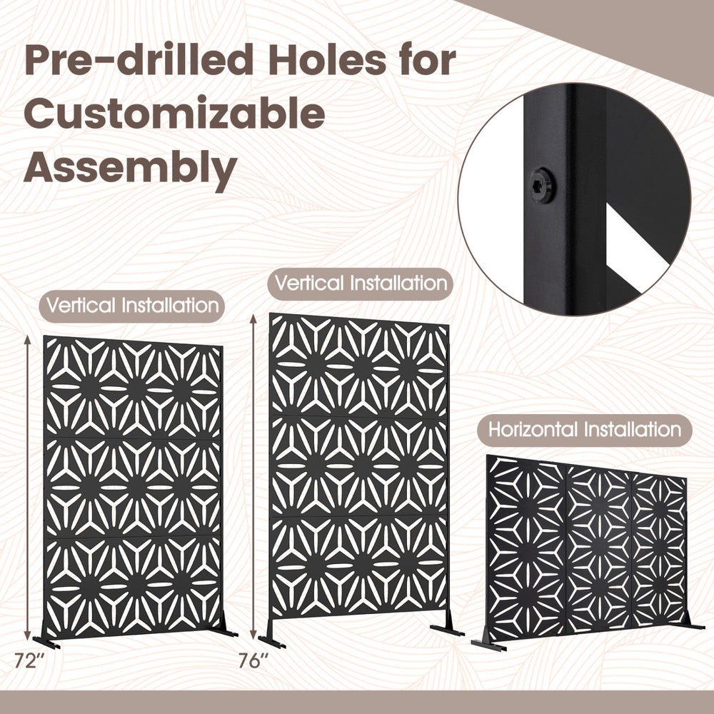 Freestanding black fence panel, 72"H x 48"W, with hollow-carved design and pre-drilled holes for customizable assembly.