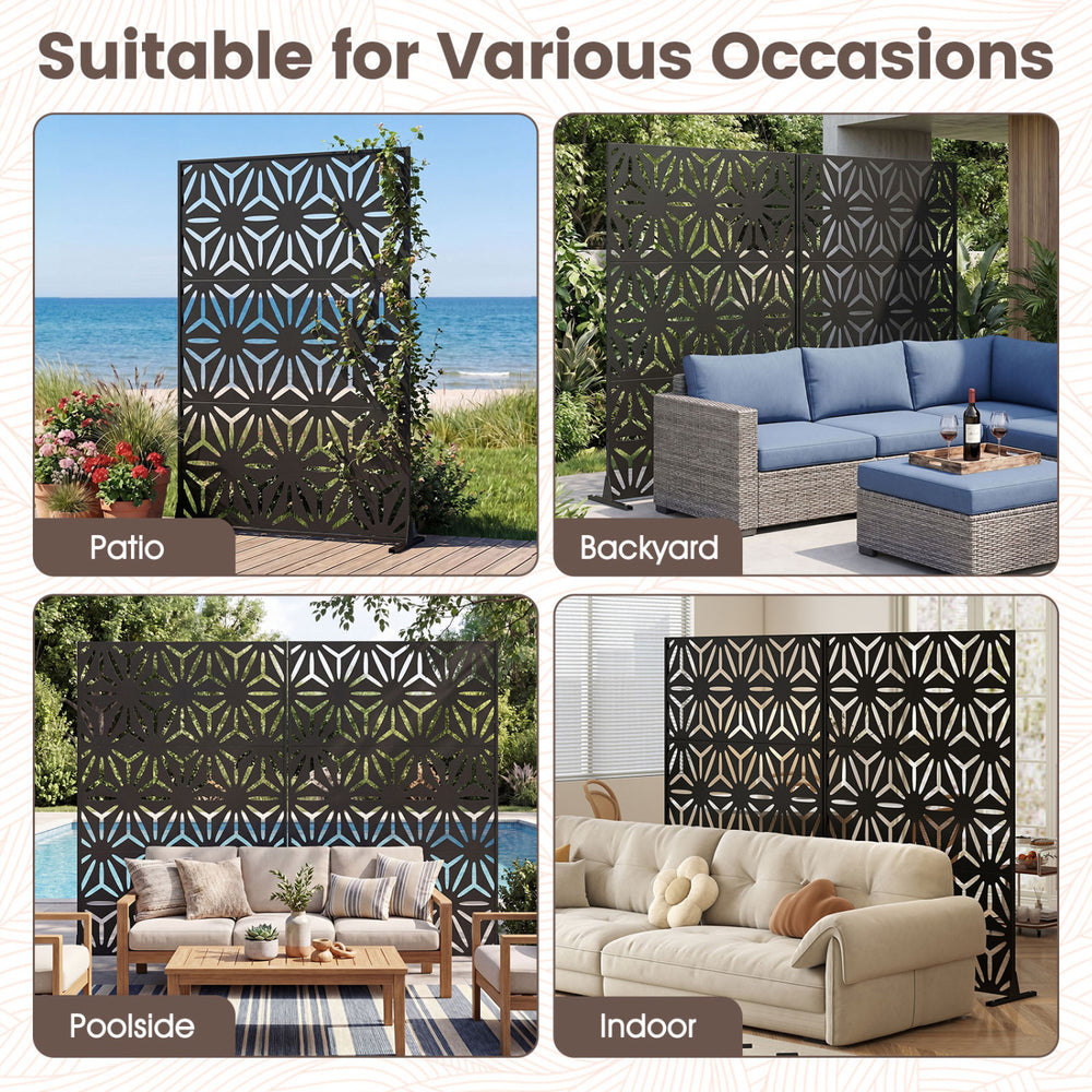 Freestanding 72"H x 48"W black fence panel with hollow-carved design, perfect for patio, backyard, or indoor use.