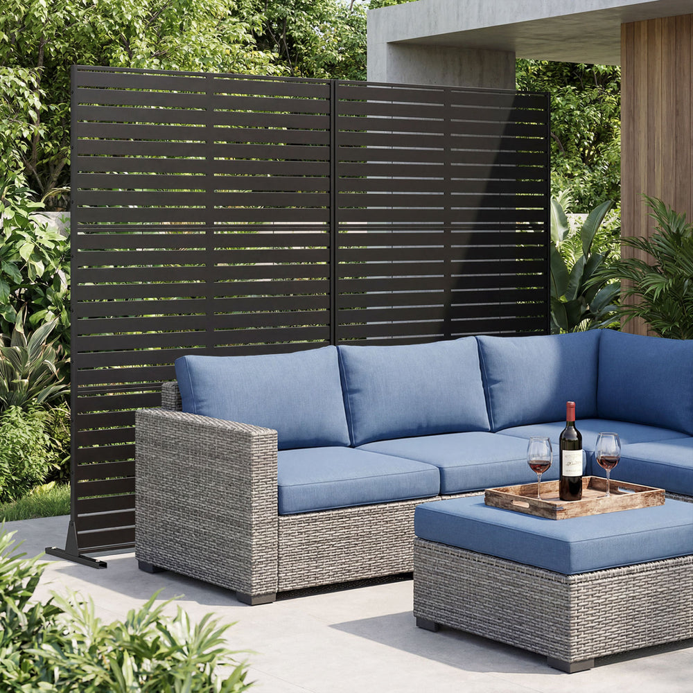 Freestanding 72"H x 48"W black decorative divider screen with louver design, perfect for enhancing outdoor privacy.