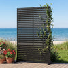 Freestanding 72"H x 48"W black decorative divider screen with hollow-carved design, perfect for outdoor privacy.