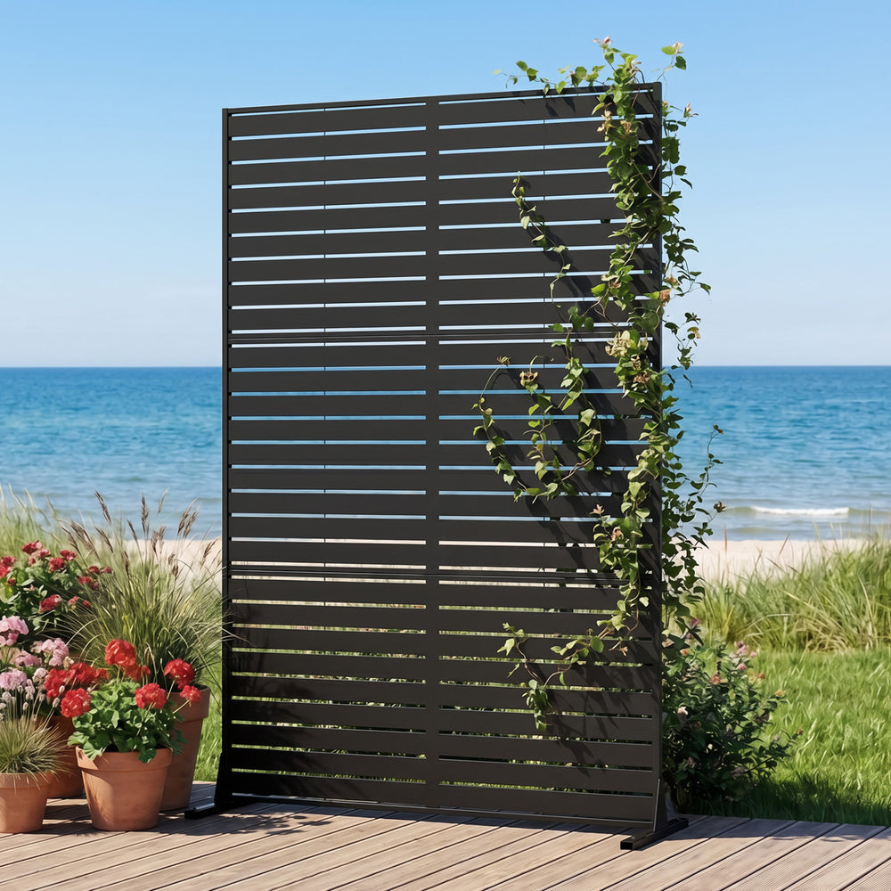 Freestanding 72"H x 48"W black decorative divider screen with hollow-carved design, perfect for outdoor privacy.