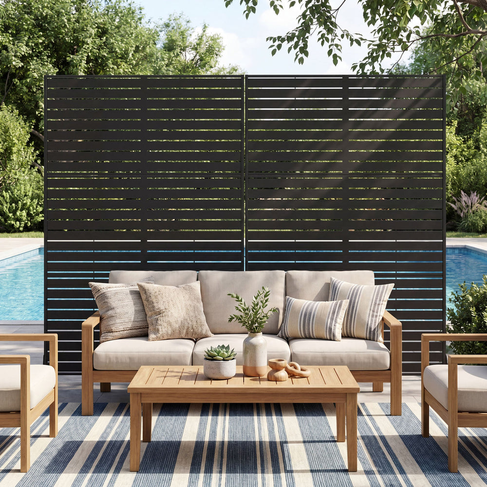 Freestanding 72"H x 48"W outdoor decorative divider screen in black, perfect for enhancing privacy by the poolside.