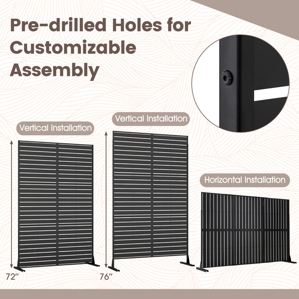 Freestanding 72"H x 48"W black decorative divider screen with customizable pre-drilled holes for vertical or horizontal.
