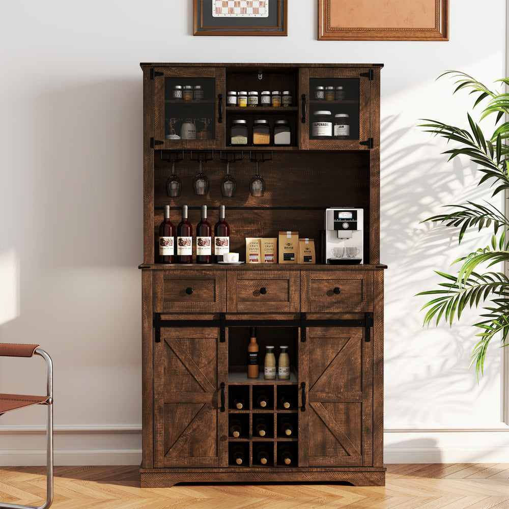 72-inch brown coffee bar cabinet with sliding barn doors, adjustable shelves, wine rack, and ample storage for kitchens.