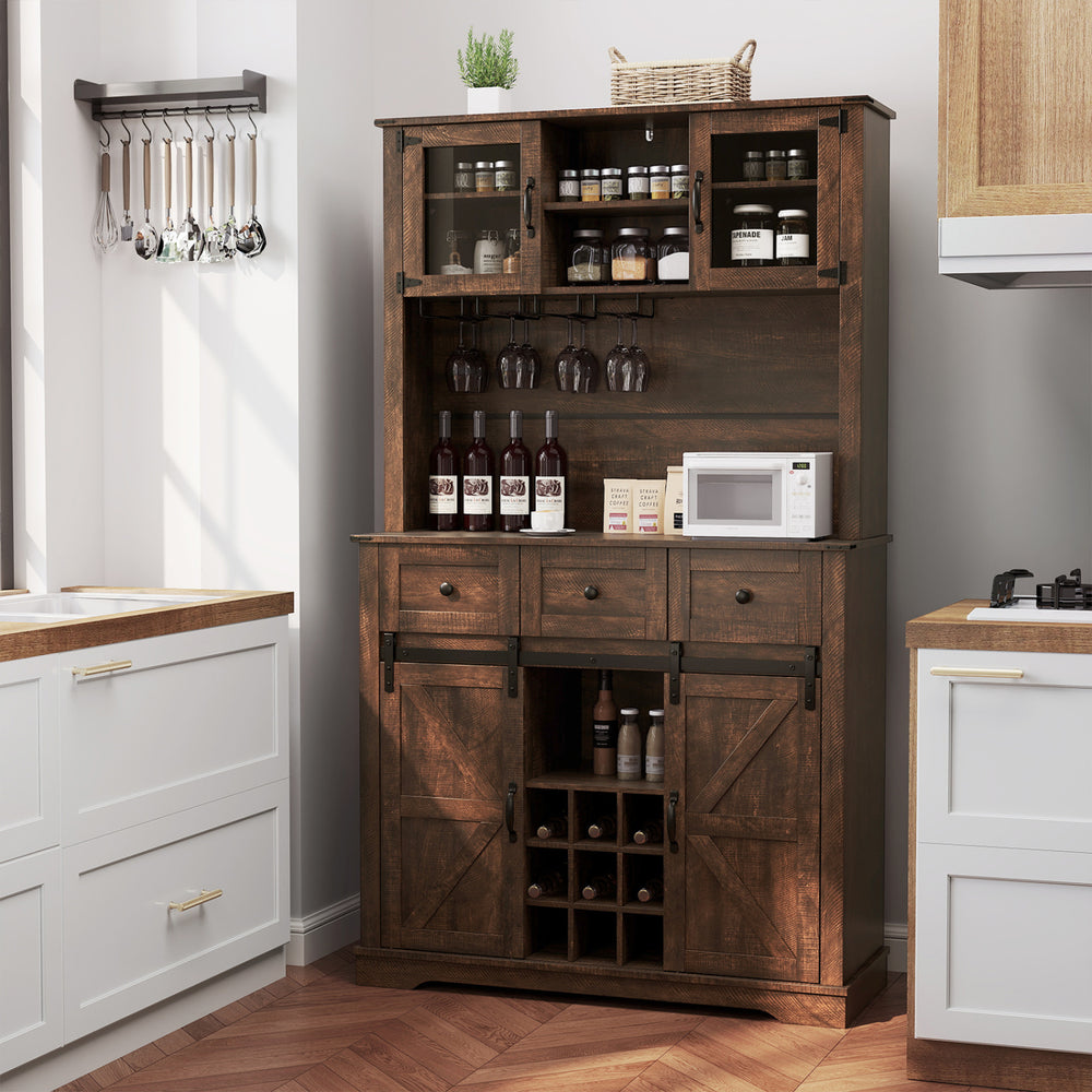 72-inch brown coffee bar cabinet with sliding barn doors, glass hutch, wine rack, and ample storage for kitchen or.