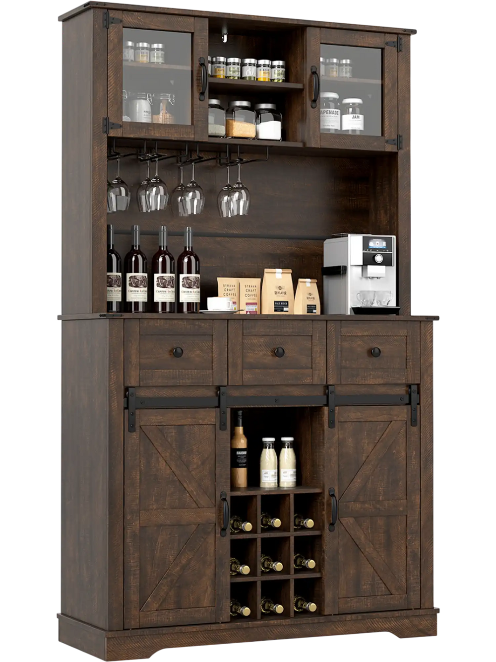 72-inch brown coffee bar cabinet with sliding barn doors, glass hutch, wine rack, and ample storage for kitchens and.