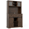 72-inch brown coffee bar cabinet with sliding barn doors, glass-door hutch, wine rack, and ample storage for kitchen or.