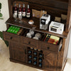 72-inch brown coffee bar cabinet with sliding barn doors, featuring ample storage, wine rack, and adjustable shelves.