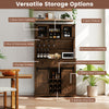 72-inch brown coffee bar cabinet featuring sliding barn doors, glass shelves, wine rack, and spacious countertop for.