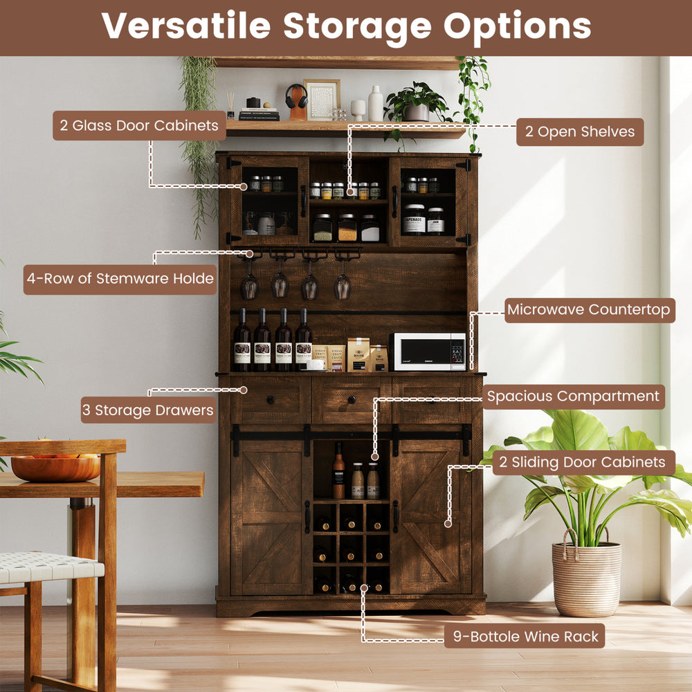 72-inch brown coffee bar cabinet featuring sliding barn doors, glass shelves, wine rack, and spacious countertop for.