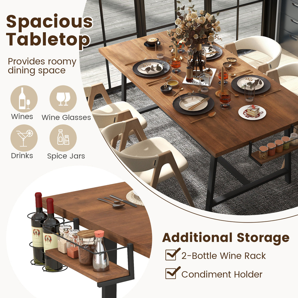 Rectangular 72-inch walnut dining table with a 2-bottle wine rack, spacious for 5-7 people, ideal for dining rooms.