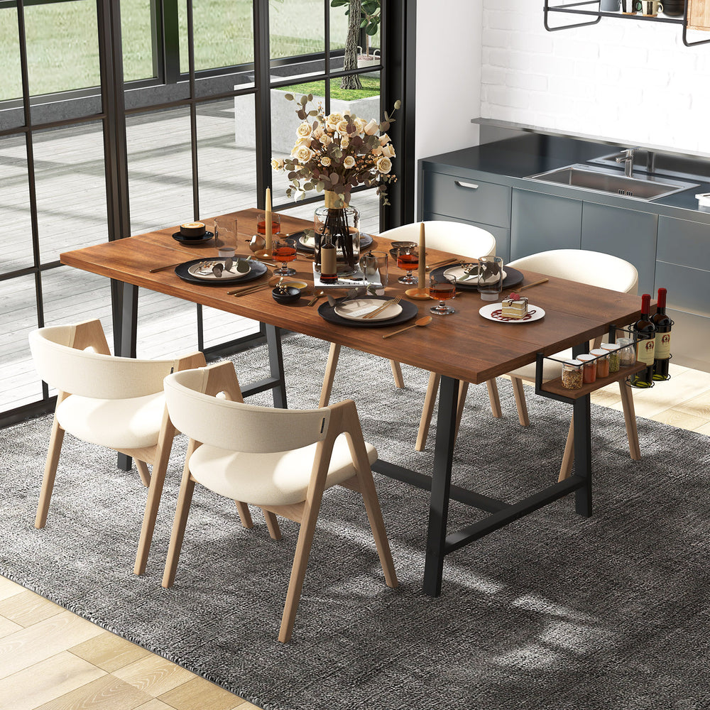 Rectangular 72-inch walnut dining table with 2-bottle wine rack, suitable for 5-7 people in a modern kitchen setting.