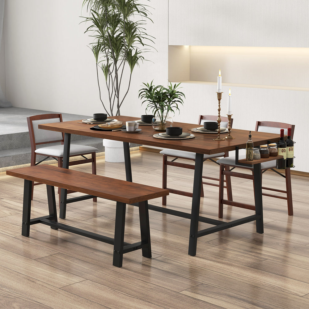 Rectangular 72-inch walnut dining table with metal legs, 2-bottle wine rack, suitable for 5-7 people in dining areas.