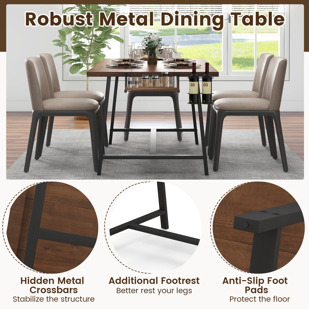 Rectangular 72-inch dining table in walnut with metal legs, featuring a 2-bottle wine rack, ideal for 5-7 people.