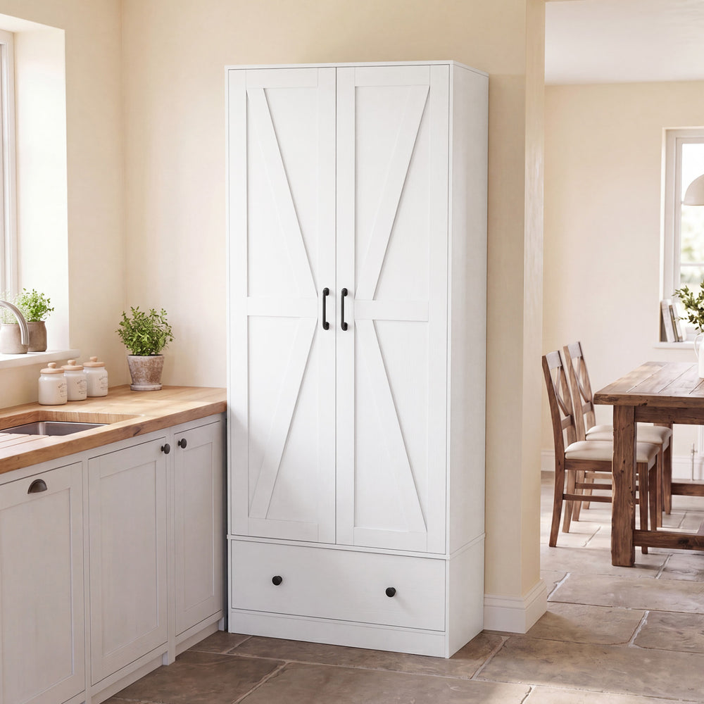 White 72-inch tall farmhouse kitchen pantry cabinet with two doors and extra drawer, perfect for organized storage.