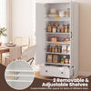 White 72-inch tall kitchen pantry cabinet with adjustable shelves, featuring a drawer for organized storage in.