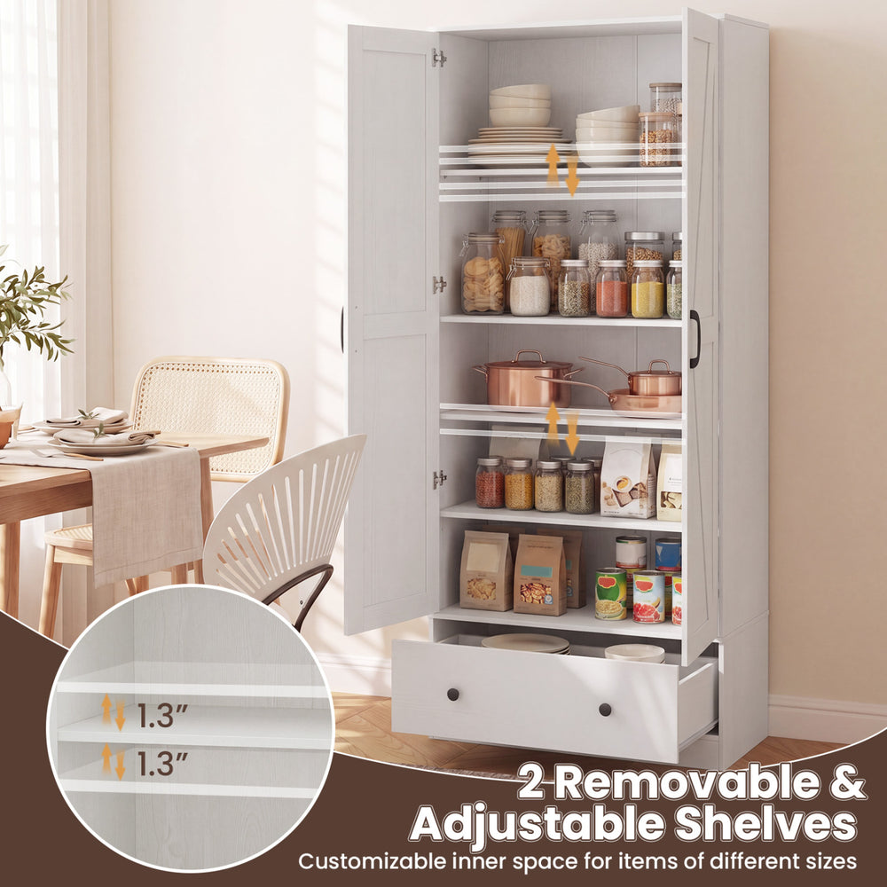 White 72-inch tall kitchen pantry cabinet with adjustable shelves, featuring a drawer for organized storage in.