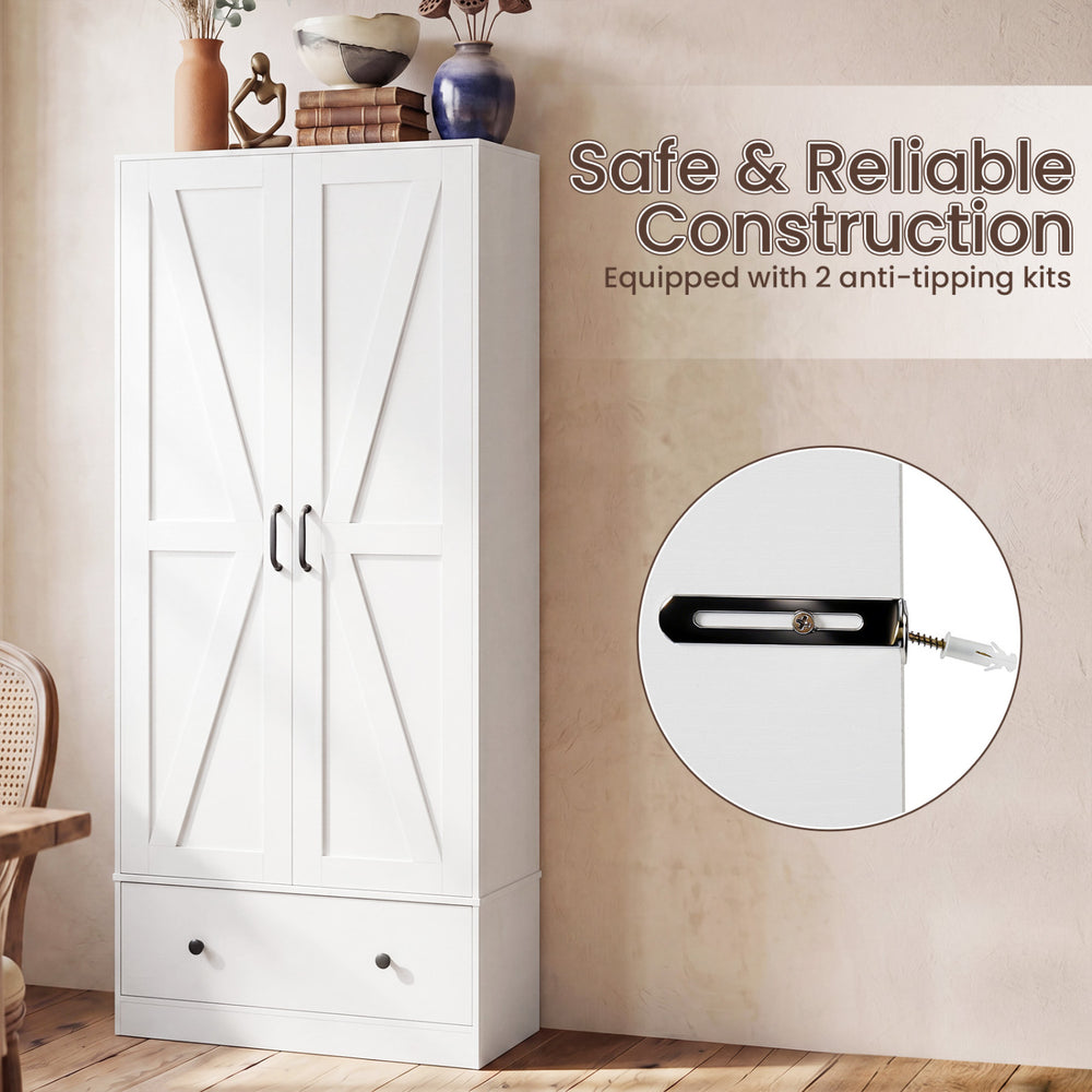 72-inch tall white farmhouse kitchen pantry cabinet with 2 doors, featuring 4-tier shelves and anti-tipping devices for.
