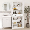 Close-up view of adjustable shelves inside a 72-inch tall modern farmhouse cupboard cabinet for customized storage.