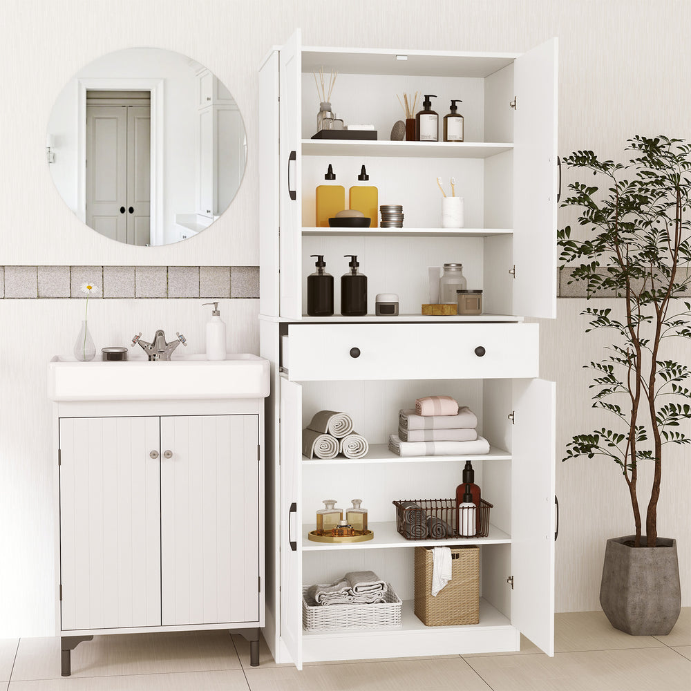 Close-up view of adjustable shelves inside a 72-inch tall modern farmhouse cupboard cabinet for customized storage.