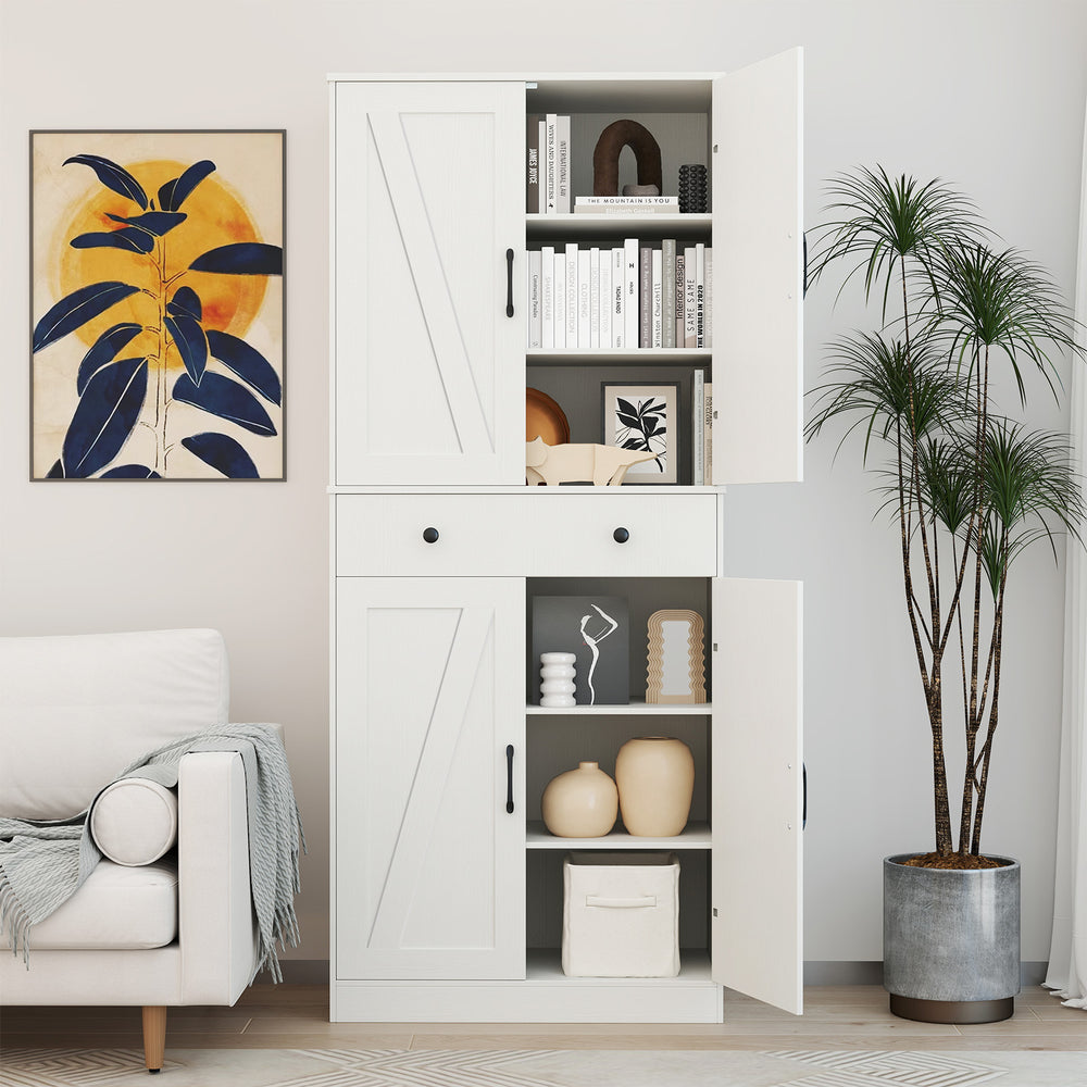 Modern farmhouse cupboard cabinet in white with 4 barn doors, featuring adjustable shelves and a spacious storage.
