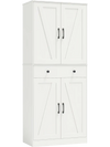 72-inch tall white farmhouse cupboard cabinet with 4 barn doors and adjustable shelves for versatile storage solutions.