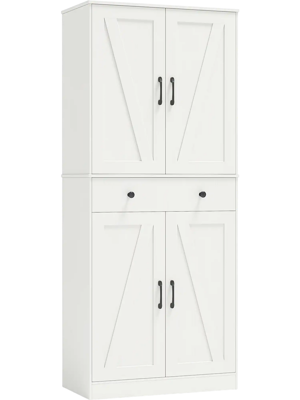 72-inch tall white farmhouse cupboard cabinet with 4 barn doors and adjustable shelves for versatile storage solutions.