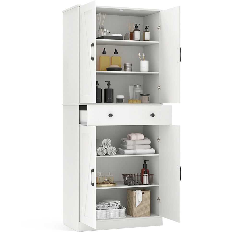 Tall white modern farmhouse cupboard cabinet with 4 barn doors, featuring adjustable shelves and a spacious storage.