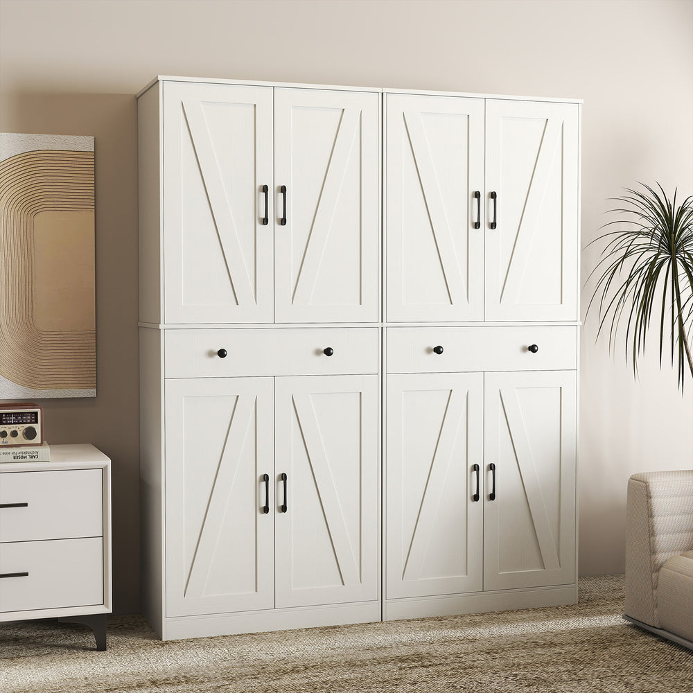 Modern farmhouse cupboard cabinet in white with 4 barn doors, featuring adjustable shelves and spacious storage drawers.