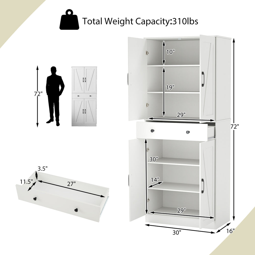 72-inch tall white farmhouse cupboard cabinet with 4 barn doors, featuring adjustable shelves and spacious storage.