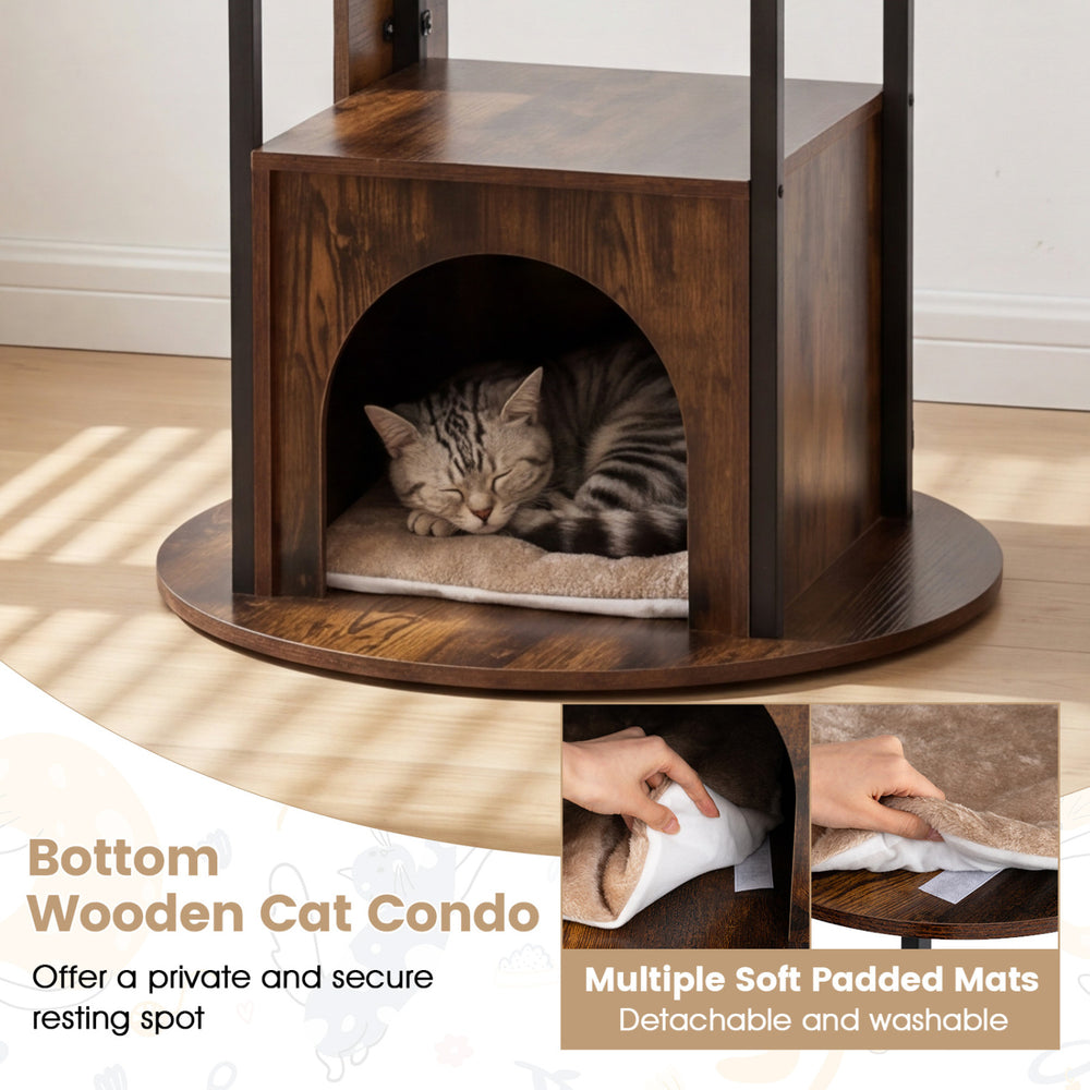 Wooden cat condo with soft padded mats offers a secure resting spot and blends seamlessly into home decor.