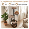 Multi-level cat condo features large round platforms, removable washable mats, and a rustic brown finish for cozy lounging.