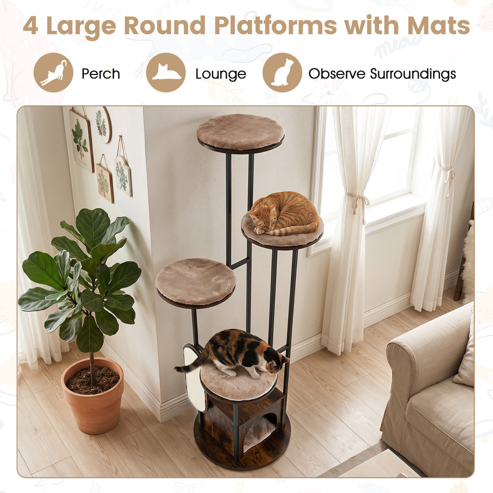 Multi-level cat condo features large round platforms, removable washable mats, and a rustic brown finish for cozy lounging.