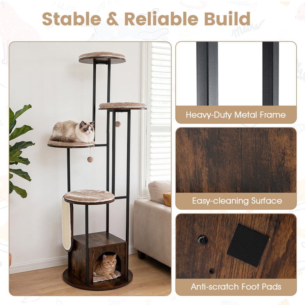 Multi-level cat condo with a rustic brown finish, featuring large platforms, removable mats, and a heavy-duty metal frame.