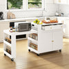 Kitchen island with extendable dining table, enclosed cabinet, and spice racks, ideal for efficient meal prep and storage.