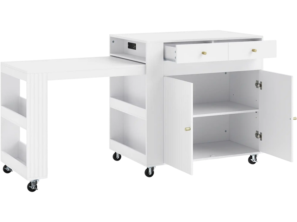 72" white kitchen island features an extendable dining table, ample storage, and a power outlet for convenience.