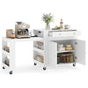 Kitchen island with extendable dining table, enclosed cabinet, and ample storage, perfect for family meals and prep work.