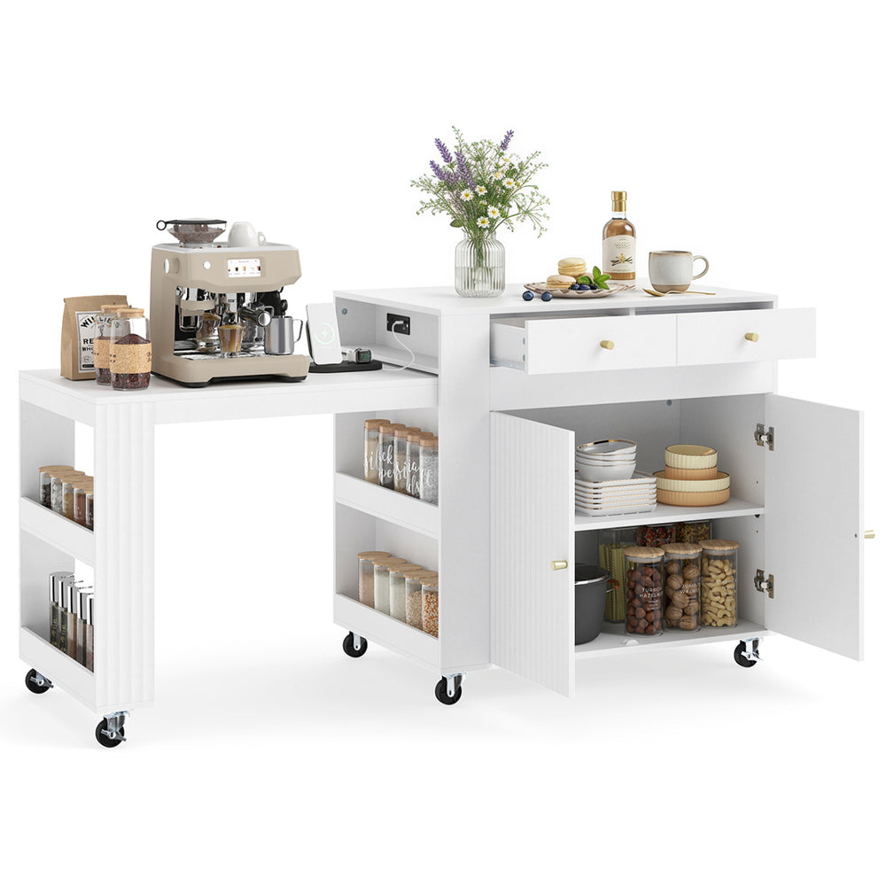 Kitchen island with extendable dining table, enclosed cabinet, and ample storage, perfect for family meals and prep work.