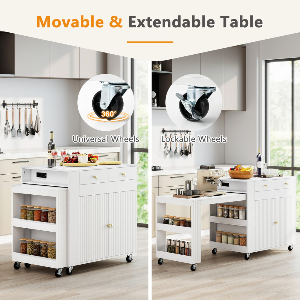 Extendable 72" kitchen island in white features ample storage, universal wheels, and a power outlet for versatile use.