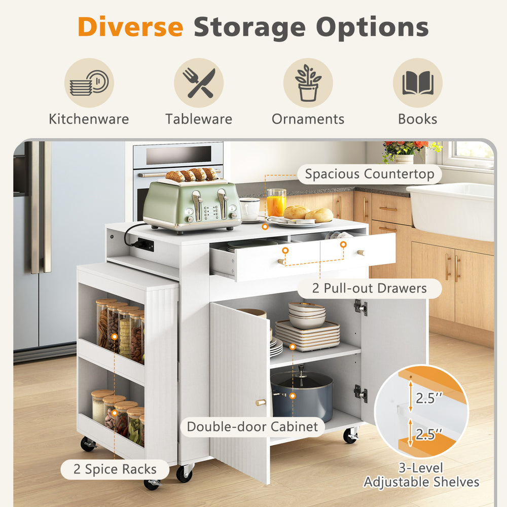 The kitchen island showcases two pull-out drawers and double-door cabinets, maximizing storage and enhancing kitchen organization.