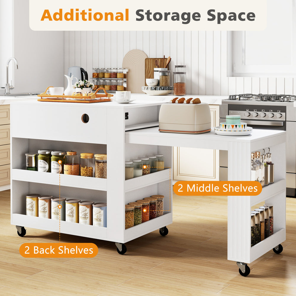 Kitchen island with extendable dining table, featuring ample storage, spice racks, and a power outlet for convenience.
