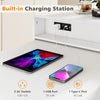 The 72" white kitchen island features an extendable dining table, built-in charging station, and ample storage options.